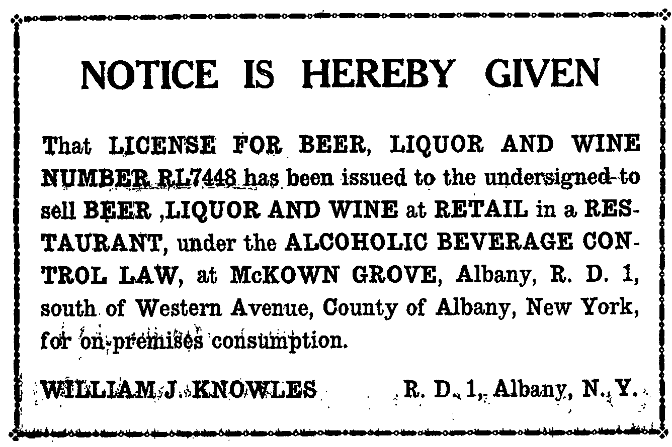 McKown
Grove liquor license announcement 1934