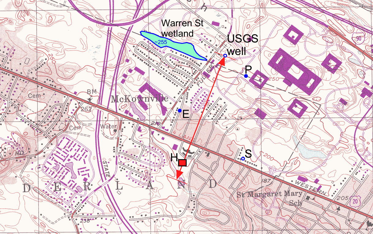 contour
map of McKownville with groundwater profile and photo locations